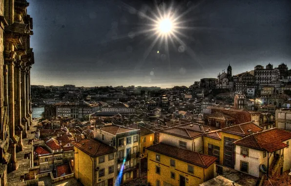 Картинка солнце, лучи, дома, обработка, Португалия, Porto