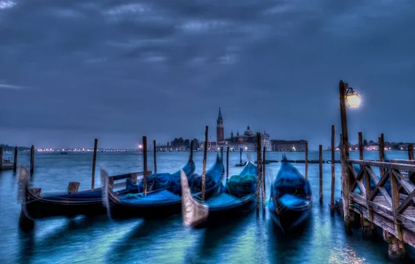 Море, ночь, город, пристань, вечер, Италия, Венеция, канал