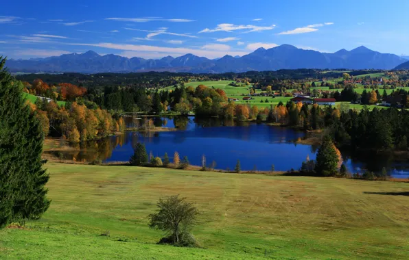 Картинка небо, деревья, горы, озеро, дома, Германия, Бавария