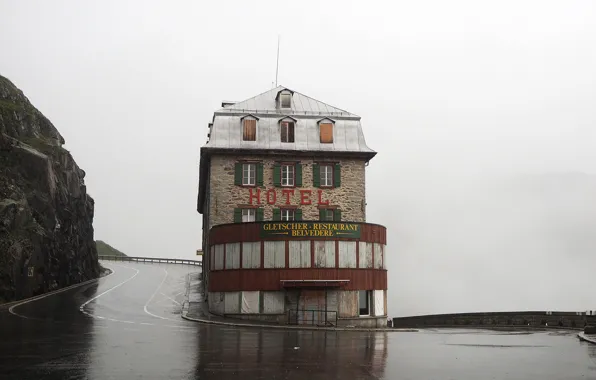 Дорога, горы, здание, поворот, горный отель Belvedere