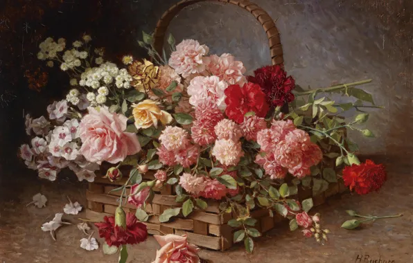 Картинка цветы, масло, натюрморт, корзинка, Hans Buchner, «A Basket of Roses and Carnations»