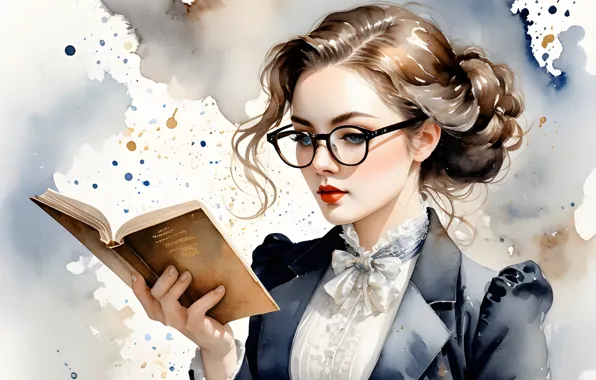 Девушка, очки, белый фон, книга, кляксы, форма, живопись, студентка