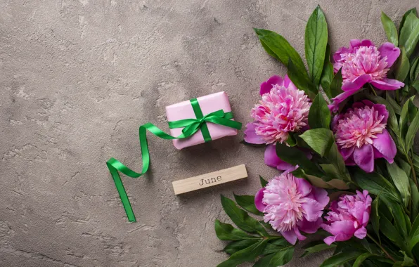 Цветы, подарок, розовые, pink, flowers, пионы, peonies, gift box