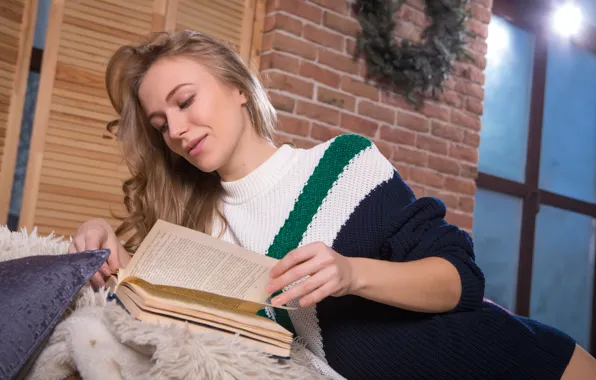Long hair, model, reading, gorgeous, photoshoot, posing, beautiful face, sweater