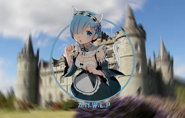 Девушка, замок, аниме, неко, neko, тян, rem, re zero kara hajimeru isekai seikatsu