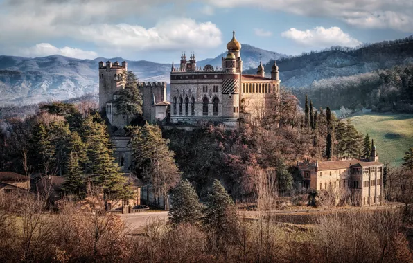 Лес, горы, замок, Италия, архитектура, Болонья, Rocchetta Mattei Castle