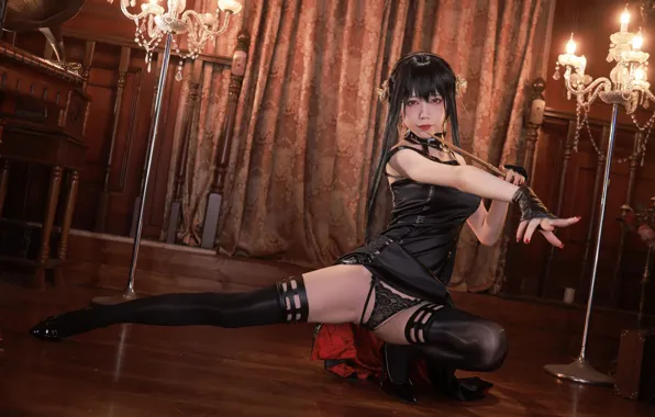 Свечи, азиатка, черное платье, жест, black stockings, asian, candles, черные чулки