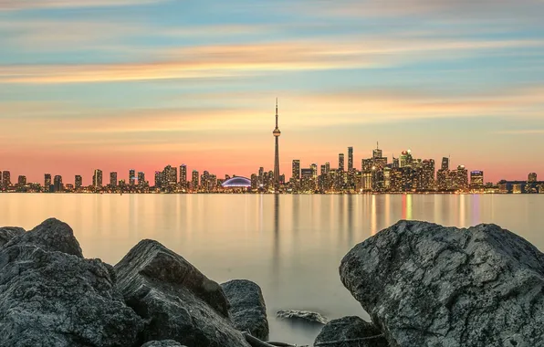 Пейзаж, огни, озеро, камни, рассвет, побережье, дома, Canada