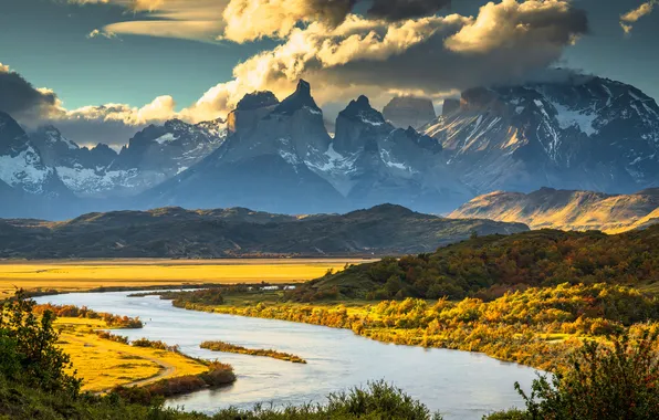 Картинка облака, горы, река, Чили, Torres del Paine National Park