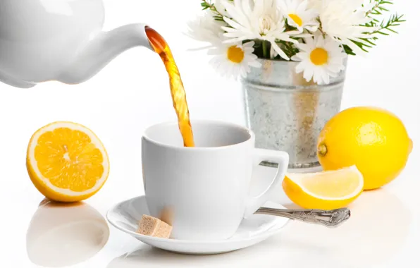 Картинка цветы, лимон, чай, ромашки, чашка, сахар, напиток, ложечка
