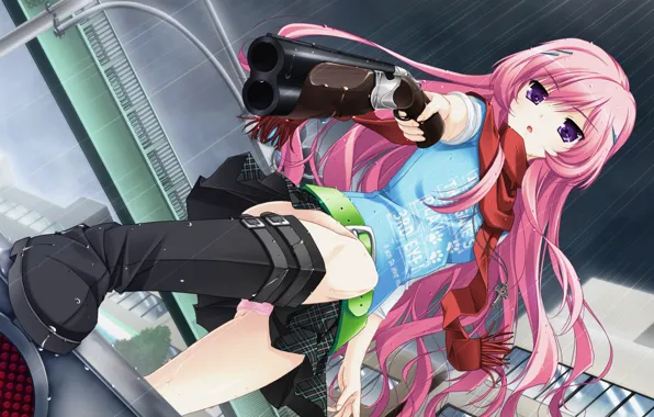 Девушка, пистолет, дождь, арт, светофор, Аниме, pink hair, крестик