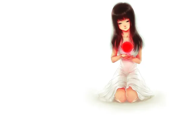 Девушка, красный, шар, минимализм, арт, белый фон, сфера, сидя