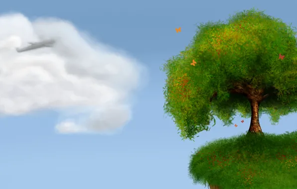 Картинка зелень, трава, облака, бабочки, пейзаж, самолет, обрыв, дерево