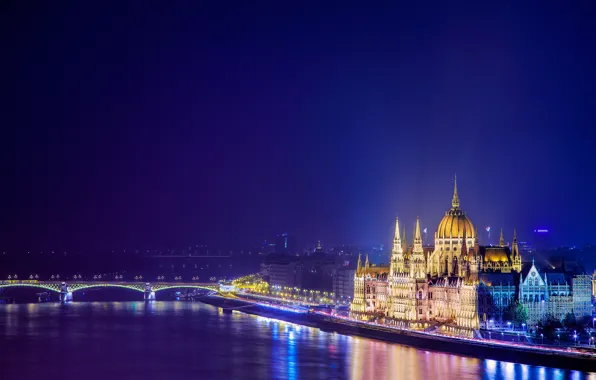 Картинка ночь, город, река, здания, архитектура, парламент, Венгрия, Будапешт