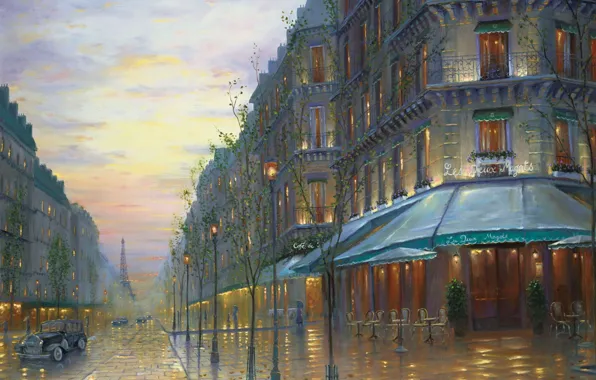 Картинка ретро, улица, Франция, Париж, здания, вечер, Эйфелева башня, Paris