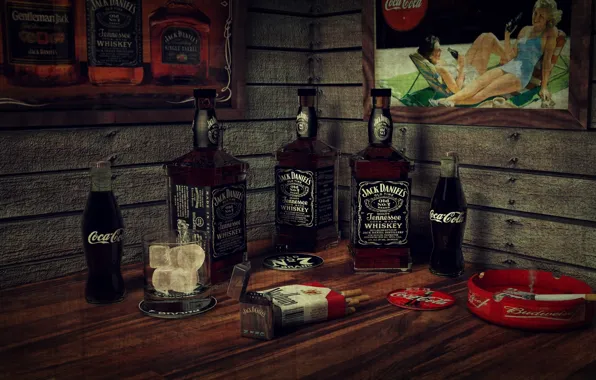 Ice, whiskey, smoking, bar, cigarette, bottles, Coca-cola, Jack Daniels