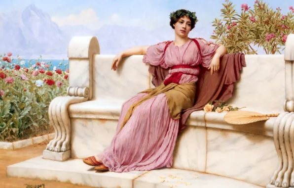 Картинка девушка, рисунок, картина, сидит, John William Godward