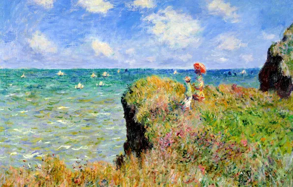 Картинка море, трава, пейзаж, цветы, скалы, лодка, картина, парус