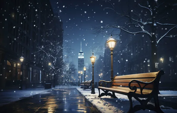 Картинка зима, снег, скамейка, ночь, city, город, lights, огни