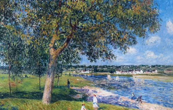 Картинка пейзаж, река, картина, Alfred Sisley, Альфред Сислей, Ореховое Дерево в Томри