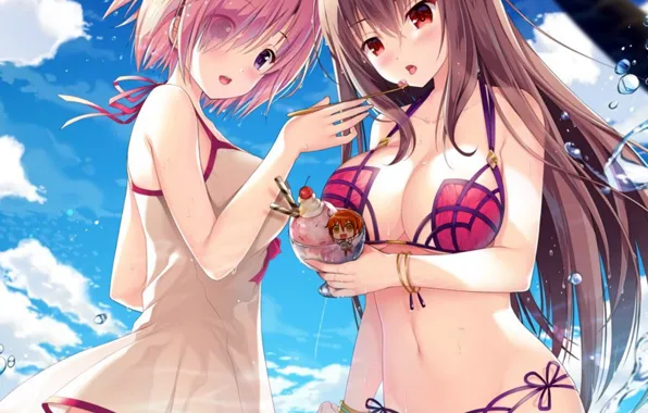 Sexy, ass, cleavage, pink hair, long hair, dress, sea, girls