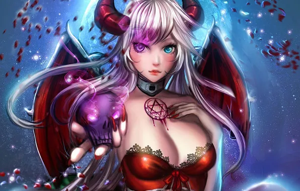 Девушка, череп, крылья, фэнтези, арт, демоница, суккуб, Succubus