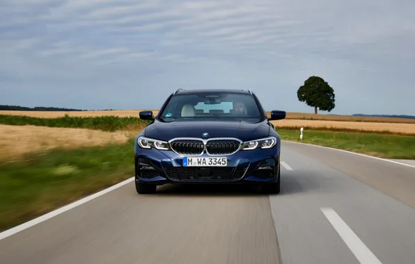 BMW, вид спереди, 3-series, универсал, тёмно-синий, 3er, 2020, G21