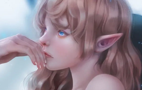 Лицо, рука, эльфийка, голубые глаза, остроухая, elf girl, by Fenrigi Steve