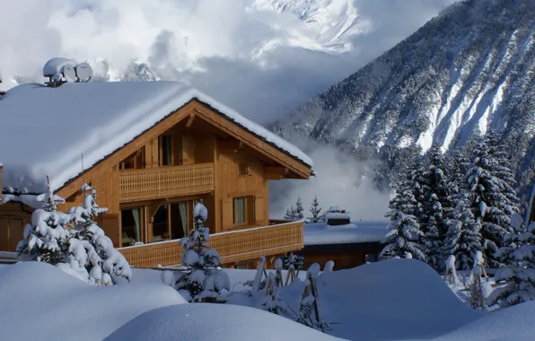 Картинка зима, снег, горы, сугробы, деревянный, домик, франция
