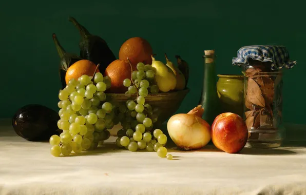 Апельсин, лук, виноград, баклажан, груша, фрукты, овощи