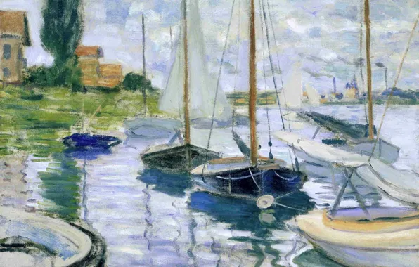 Картинка пейзаж, дом, река, лодка, картина, парус, Клод Моне