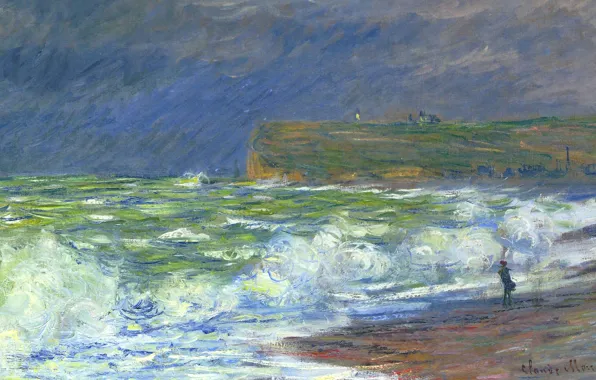 Картинка море, волны, пейзаж, картина, Клод Моне, Пляж в Фекампе