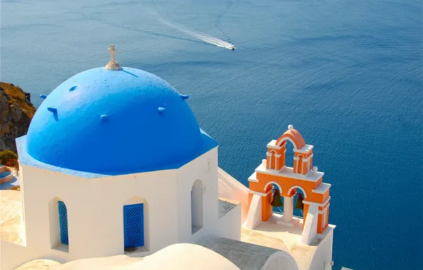 Картинка Санторини, Греция, церковь, купол, водная гладь, колокола, Santorini, Oia