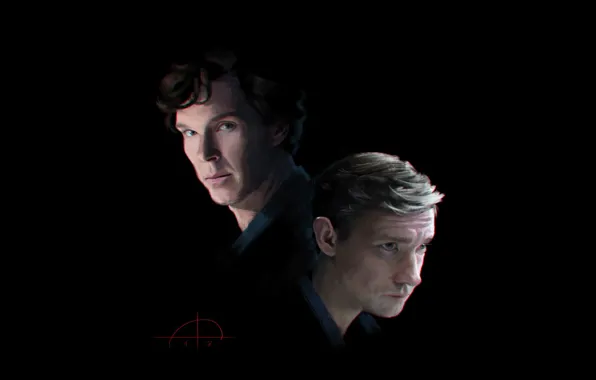 Шерлок Холмс, чёрный фон, Мартин Фриман, Бенедикт Камбербэтч, Sherlock, Sherlock BBC, Джон Ватсон
