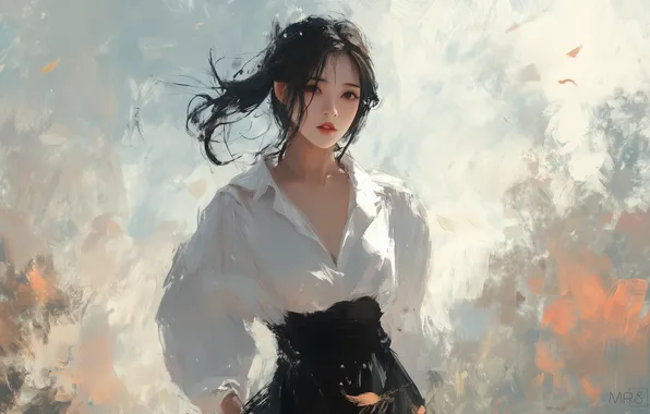 Asian, short hair, women, painting, white clothing, AI art, black skirts, soft colors