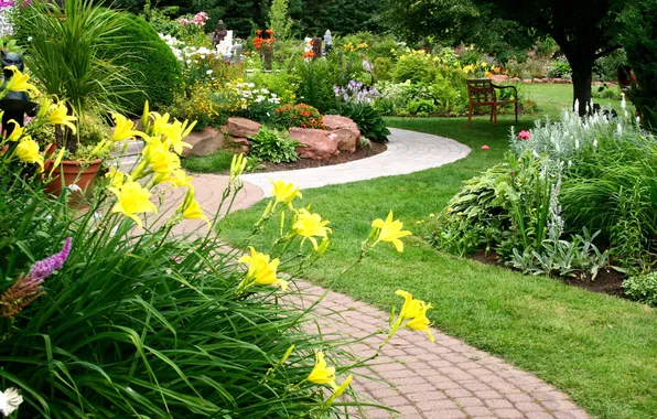 Цветы, дизайн, сад, дорожка, flowers, клумбы, статуэтки, path