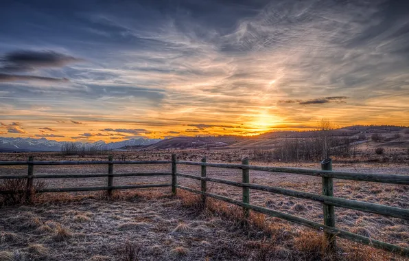 Картинка пейзаж, закат, забор, Alberta, Canada, Stoney Indian Reserve