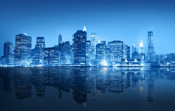 Картинка ночь, город, река, фото, Нью-Йорк, небоскребы, США