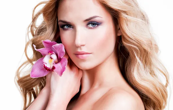Картинка взгляд, цветы, крупный план, лицо, портрет, руки, макияж, прическа