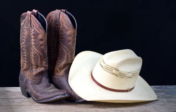 White, hat, leather, cowboy, Boots