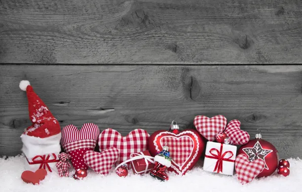 Новый Год, Рождество, Christmas, wood, snow, hearts, decoration, gifts