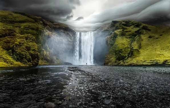 Вода, облака, природа, река, скалы, водопад, Исландия, Iceland