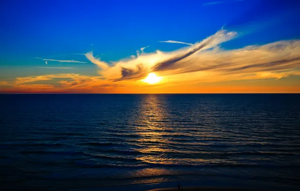 Картинка море, небо, солнце, облака, закат, горизонт