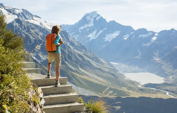 Девушка, Горы, Новая Зеландия, Лето, Ступени, Пейзаж, New Zealand, Южные Альпы