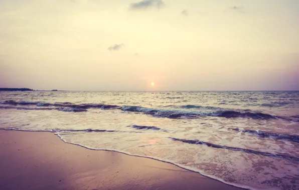 Песок, море, пляж, закат, beach, sky, sea, sunset