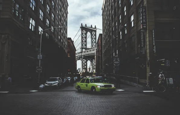 Мост, люди, улица, Нью-Йорк, Бруклин, такси, автомобили, велосипеды