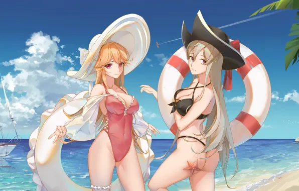 Картинка girl, sexy, cleavage, beach, long hair, sea, boobs, anime