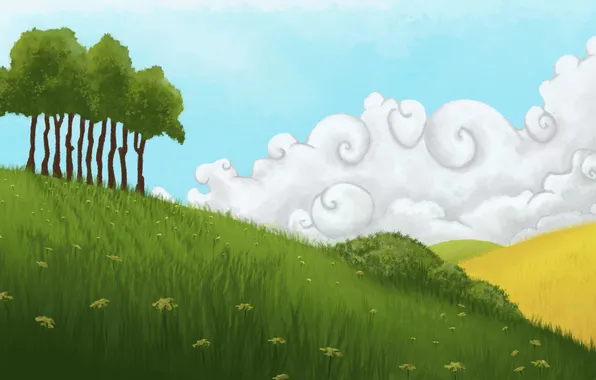 Картинка поле, небо, трава, облака, деревья, цветы, природа, холмы