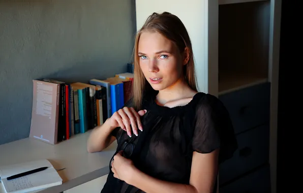 Model, books, pen, see through, Luise, looking at camera, see through blouse