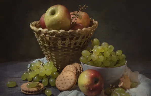Капли, зеленый, стол, яблоки, печенье, виноград, миска, натюрморт